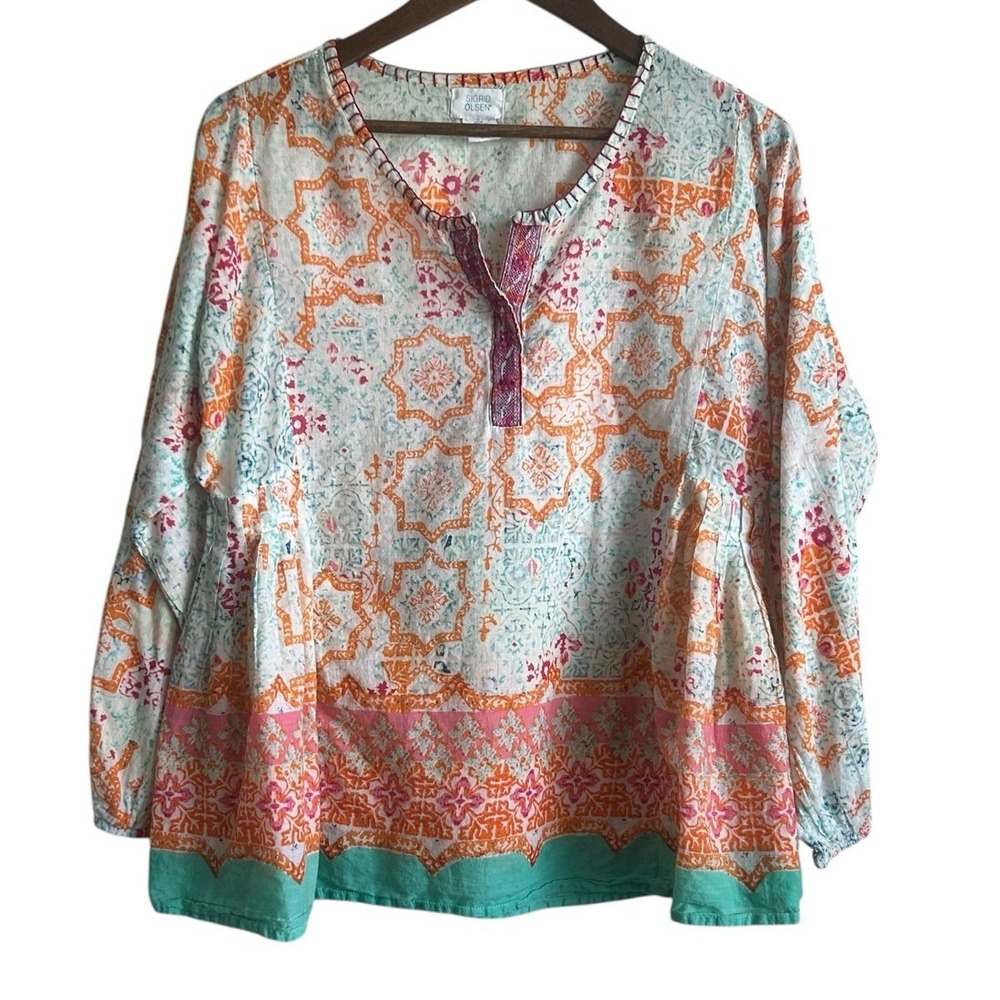 Sigrid Olsen Womens Boho‎ Coastal Peasant Top M Orange Geometric Cottage Artsy